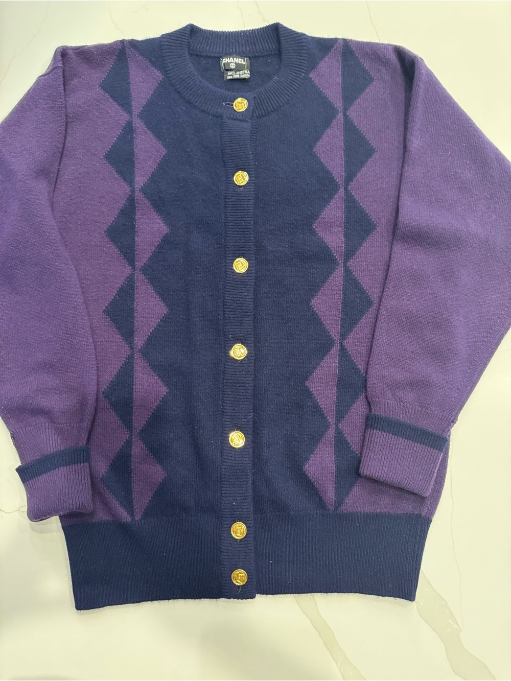CHANEL Purple and Navy Geometric Knit Cardigan with Gold Iconic Purse Buttons